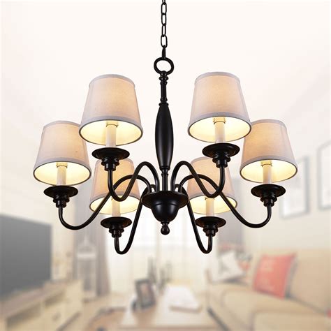 6-Light Black Wrought Iron Chandelier with Cloth Shades (DK-7057-6) | Decoraport USA