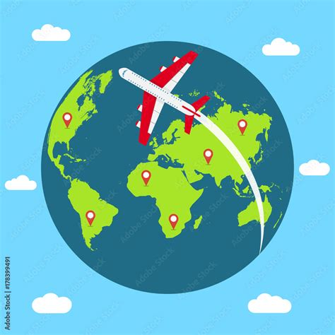 Traveling concept around the world. Banner with Earth globe, flying airplane and mapping pins ...