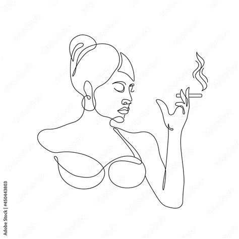 Woman Smoking Line Art Drawing. Girl Smoking Abstract Linear Silhouette ...