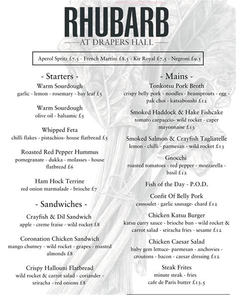 Menu at Rhubarb, Shrewsbury