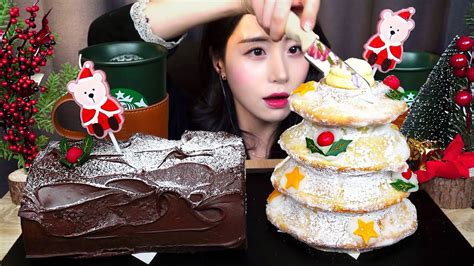 스타벅스 케이크 먹방 Asmr Mukbang Dessertㅣ크리스마스는 스벅 디저트 🧑‍🎄 슈크림 바움쿠헨 초콜릿ㅣ ...