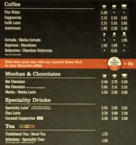 Menu at Costa Coffee cafe, London, 34 Broadway