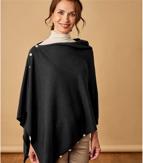 Black | Womens Cashmere & Merino Button Poncho | WoolOvers US