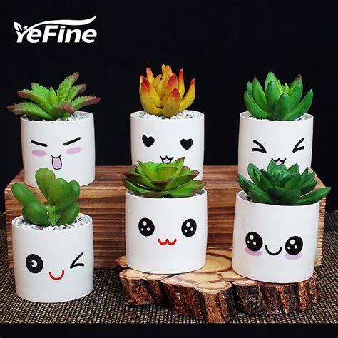 YeFine Ceramic Small Decorative Flower Pots Lovely Mini Fleshy Flowers ...