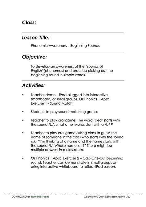 Sample Kindergarten Phonics Lesson Plan - Lesson Plans Learning