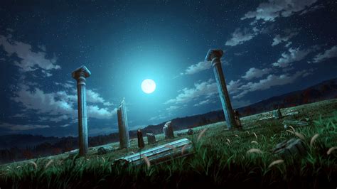 Vinland Saga #landscape #ruins #night night sky #Moon #stars #clouds roman empire #England # ...