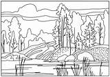 Coloring Book  Lovely Landscape River And Forest Vector Art Line sketch template