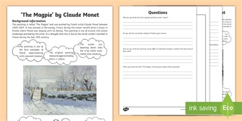 The Magpie by Claude Monet Art Appreciation Worksheet / Worksheet