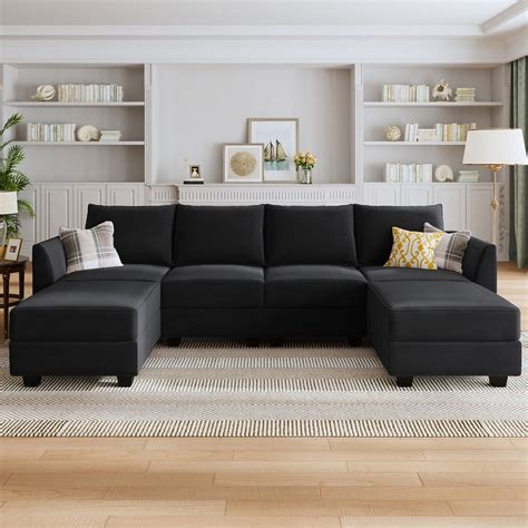 HONBAY Velvet Reversible Sectional Convertible Sofa Sleeper with Storage, Black - Walmart.com