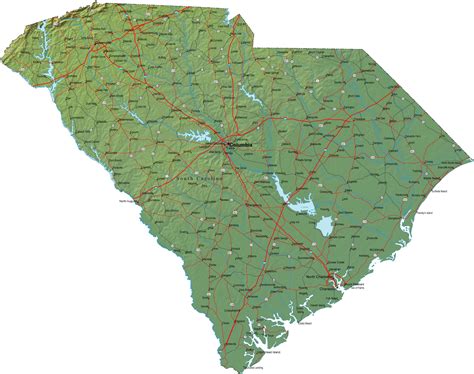 Detailed South Carolina Map - SC Terrain Map