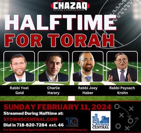 Chazaq’s Annual Halftime for Torah This Sunday Live Streamed on 5TC - 5 Towns Central