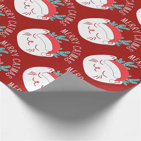 Funny White Cat Pattern Merry Catmas Christmas Wrapping Paper | Zazzle