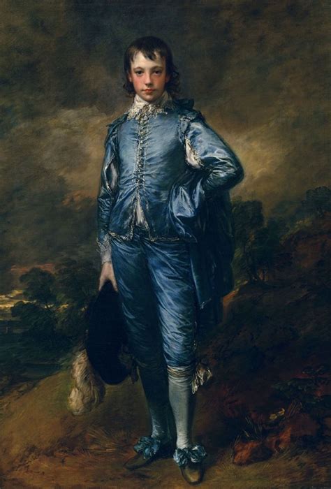 an oil painting of a man in blue clothes with his hand on his hip and holding a hat