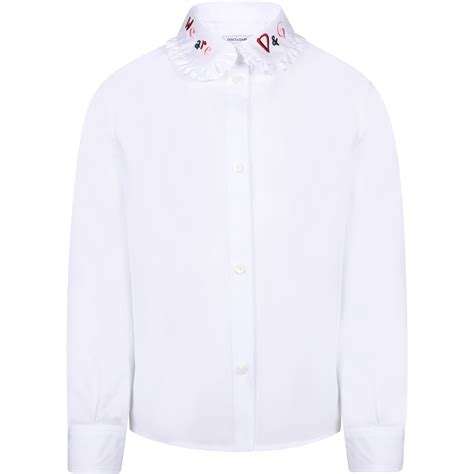 Dolce & Gabbana Ruffled Collar Logo Blouse in White - BAMBINIFASHION.COM