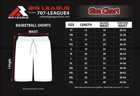 basketball shorts size chart