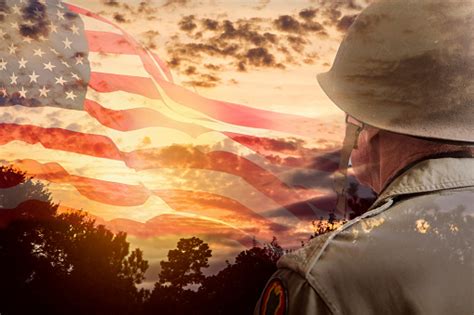 Senior Usa Army Soldier Overlay Sunset American Flag Stock Photo - Download Image Now - iStock