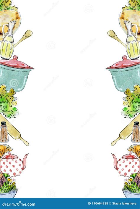 Watercolor Hand Drawn Cooking Border Stock Illustration - Illustration ...