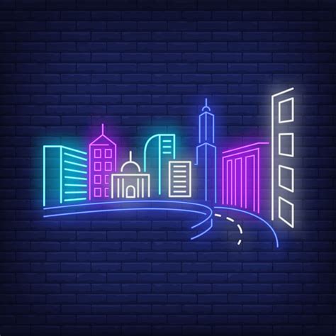 Free Vector | City buildings and road neon sign.