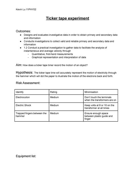 Prac 1 Ticker Tape Experiment - Ticker tape experiment Outcomes: Designs and evaluates - Studocu