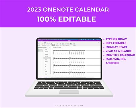 2023 Editable Onenote Calendar Yearly and Monthly Calendar for Microsoft Onenote Monday Start ...