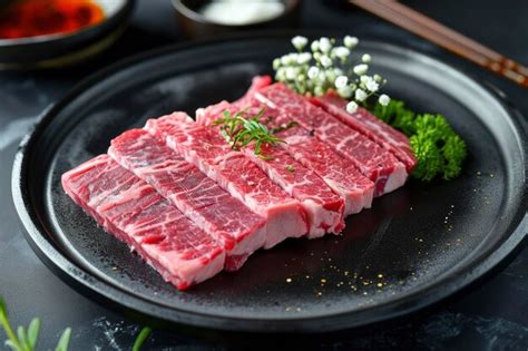 Premium AI Image | A black plate with beef cuts that have been sliced