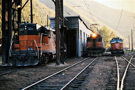 Milwaukee Road diesel and electric locomotives at Avery, Idaho, on July 11, 1973. Photograph by ...