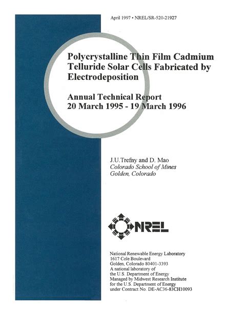 Polycrystalline thin film cadmium telluride solar cells fabricated by electrodeposition. Annual ...