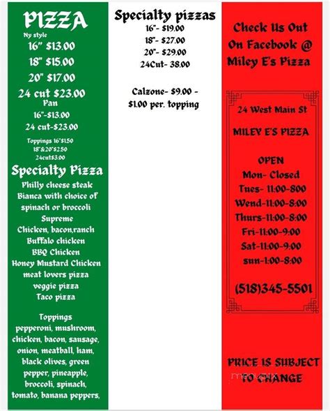 Menu of Miley E's Pizza in Granville, NY 12832