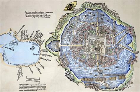 Representation of the Aztec capital Tenochtitlan Drawing by Spanish School