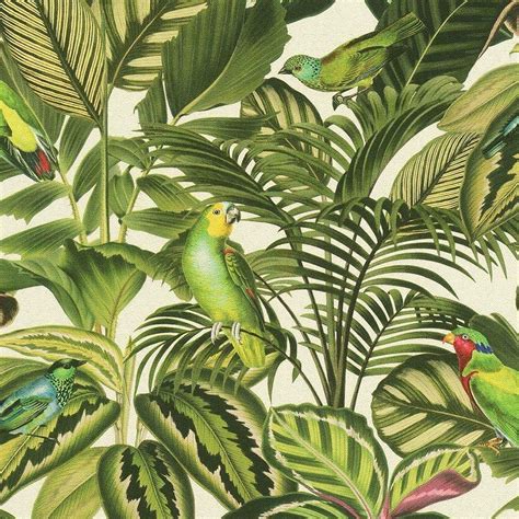 Rasch Tropical Exotic Parrot Wallpaper Jungle Bird Palm Leaf Green ...