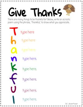 GIVE THANKS_ Acrostic Poem by BowerPower | Teachers Pay Teachers