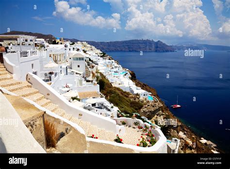 Thira, Santorini, Greek Island, Greece, iconic view of Thira town and the caldera cyclades white ...