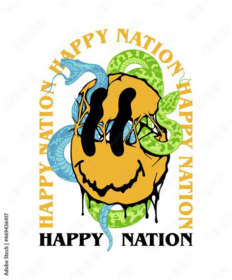 Happy nation slogan print design with ripped melting emoji and a snakes ...