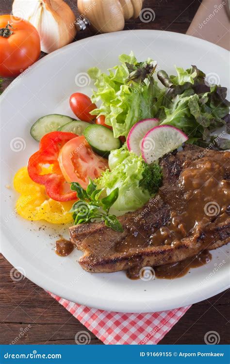 Kurobuta Pork Chop Steak and Vegetable on Wooden Table Stock Image - Image of lunch, pork: 91669155