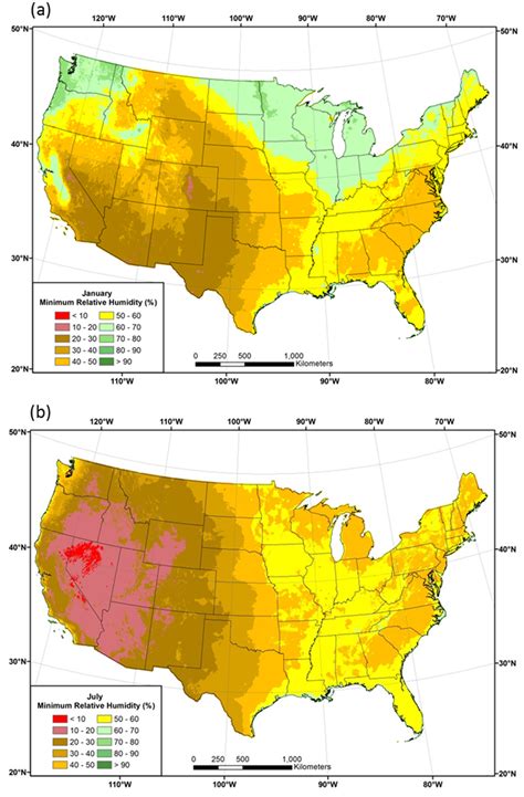Maps of minimum relative humidity. Conterminous US 1981–2010 mean ...