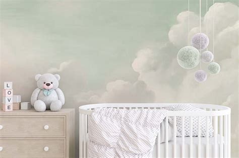 Baby nursery wallpaper clouds with mint sky wall mural | Etsy Cloud Wallpaper Bedroom, Baby ...