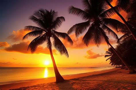 Paradise Beach Sunset Tropical Palm Trees . Travel Promotion Banner Template . Vacation and ...