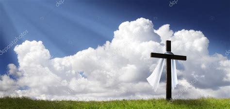 Dramatic Panorama Easter Sunday Morning Sunrise With Cross On Grassy ...