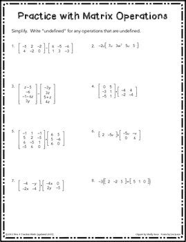 Matrix Operations Practice Worksheet by Mrs E Teaches Math | TPT