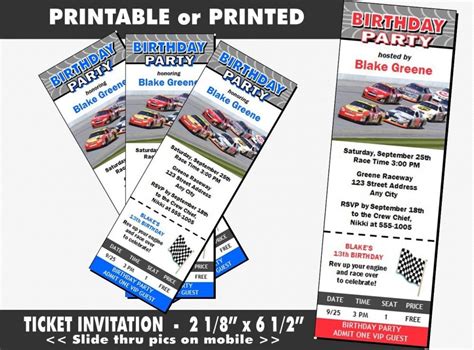 Daytona 500 Ticket Invitations, Printable With Printed Option, Boy or Girl Birthday Party ...