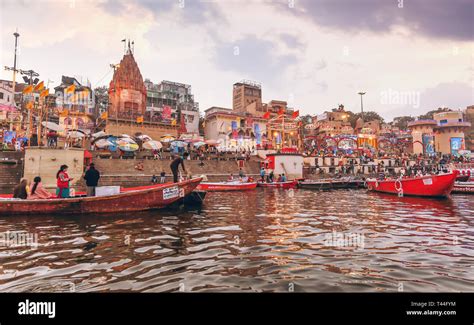 Varanasi city with ancient architecture buildings and temples along the ...