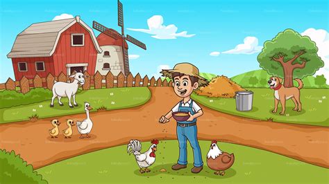 Farmer Feeding Farm Animals Cartoon Illustration - FriendlyStock