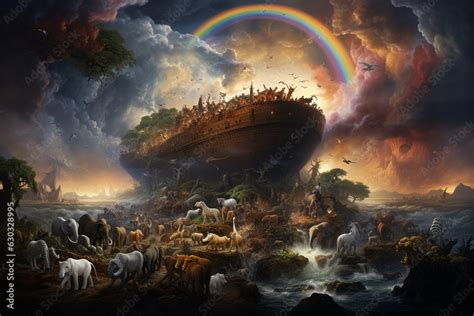 Noah's Ark, showcasing the animals and the rainbow as a symbol of God's ...