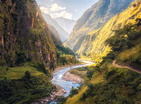 Colorful Landscape With High Himalayan Mountains Beautiful Curving River Green Forest Blue Sky ...