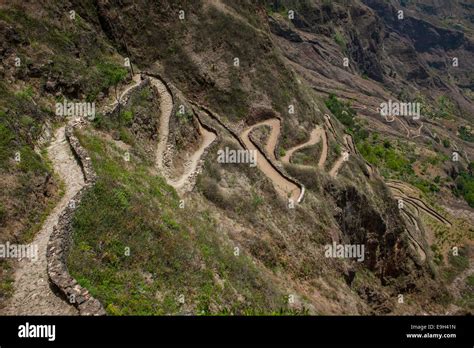 Hiking trails on the steep slopes of the Paúl Valley, Santo Antão island, Cape Verde Stock Photo ...