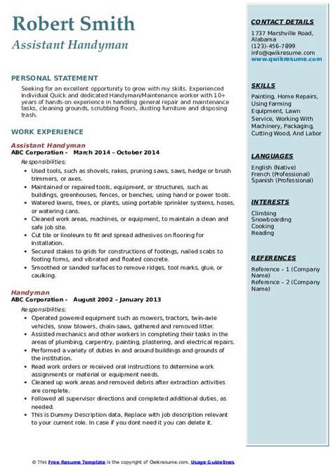 Handyman Resume Samples | QwikResume