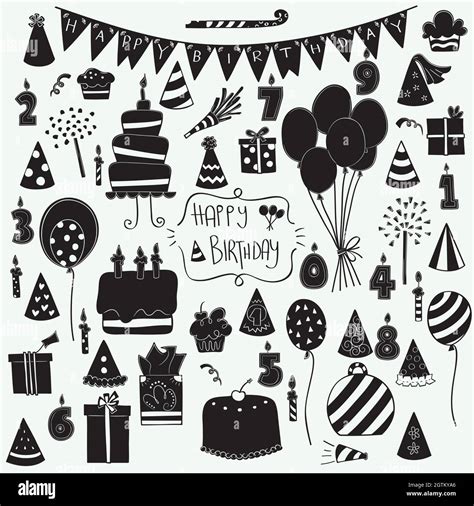 Birthday Party. Hand drawn Cakes, Candles, Balloons, Banner. Black ...