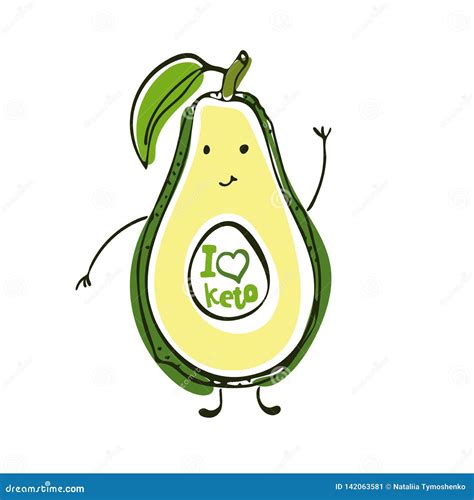 Keto Diet Hand Drawn Illustration. Cartoon Cute Avocado Character with Lettering. Healthy ...