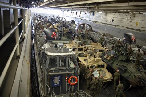 Equipment from the 26th Marine Expeditionary Unit loaded onto LCACs in the well deck of the Wasp ...