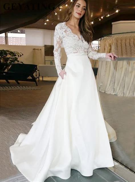 White Lace Long Sleeves Satin Wedding Dress with Pocket Elegant A Line V Neck Sweep Train Simple ...